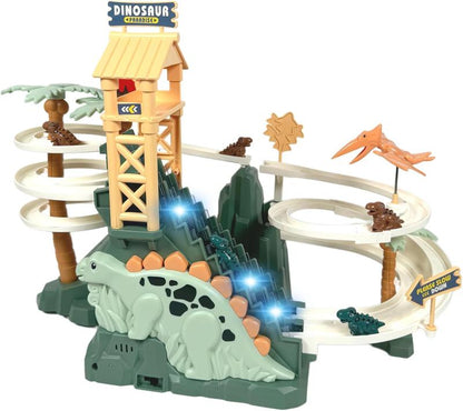 Dinosaur Climbing Slide & Race Track Toy Set with Lights & Music for Kids Ages 3-8, Boys & Girls - Green