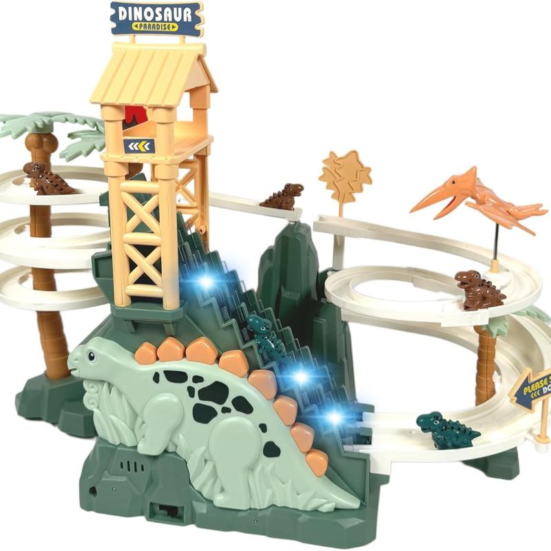 Dinosaur Climbing Slide & Race Track Toy Set with Lights & Music for Kids Ages 3-8, Boys & Girls - Green